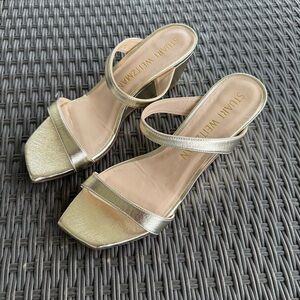 Stuart Weitzman Aleena gold, square toe wedge sandals